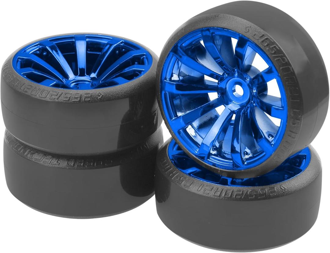 ShareGoo RC 1/10 Drift Tires W/Plastic Wheel Rims 12mm Hex Compatible with HSP Tamiya Kyosho RedCat Traxxas Sakura WLtoys 3Racing 1/10 RC On-Road Racing Touring Car (Blue)