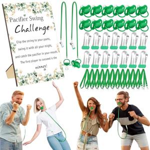 Geelin 12 Sets Swing Pacifier Baby Shower Games Funny Gender Reveal Games, Include 1 Wooden Sign and 12 Plastic Pacifiers for Bridal Baby Shower Gender Reveal Party Women Men(Eucalyptus,Greenery)