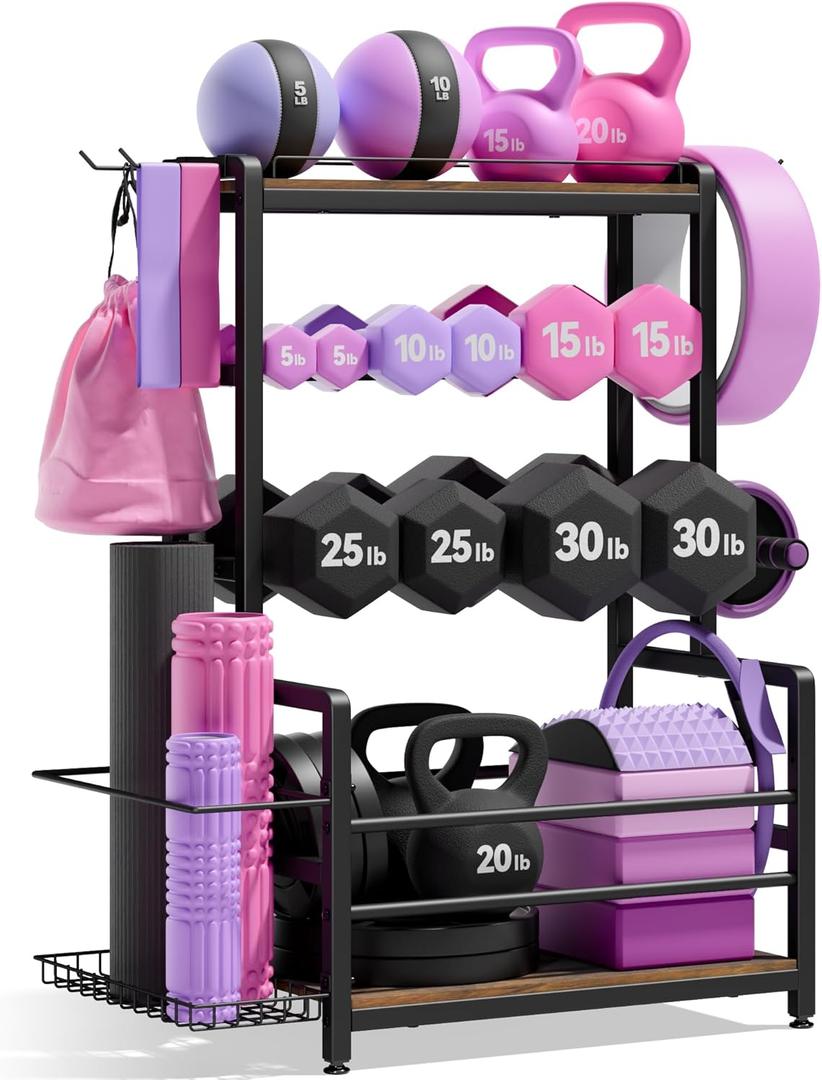 Gym Home Equipment Weight Rack  3Tier Workout Storage Stand for Dumbbells & Kettlebells, Medicine Ball Holder, Steel Organizer with Side Basket, Hooks