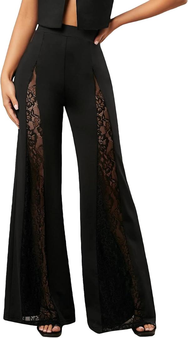 WDIRARA Women's Contrast Lace Flare Leg High Waisted Dressy Loose Elegant Pants Black M