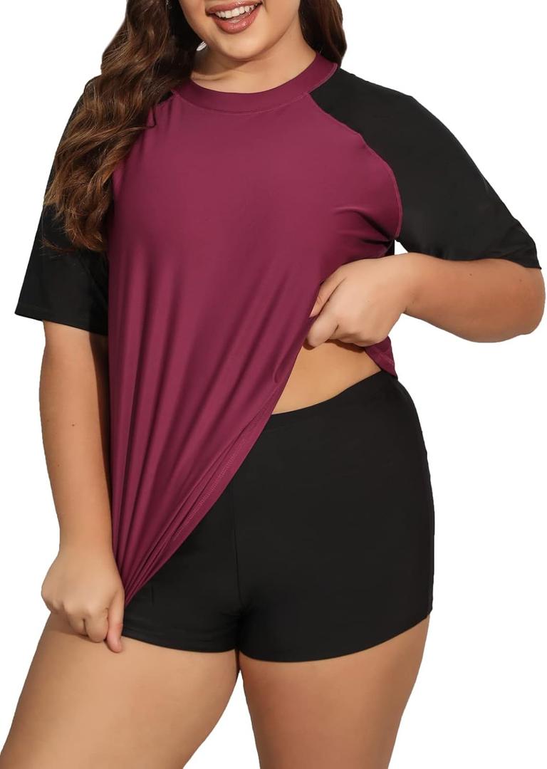 Womens Plus Size Short Sleeve Rash Guard Sets Swim Shirts with Shorts Two Piece Swimsuit UPF50+ (3X, Burgundy+black Bottoms)