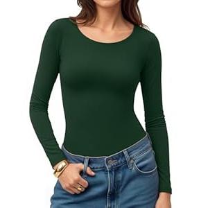 MANGOPOP Womens Tops Long Sleeve Crew Neck t Shirts Double Lined Slim Fitted Lined Tight Basic Tee Shirt Deep Green XXL