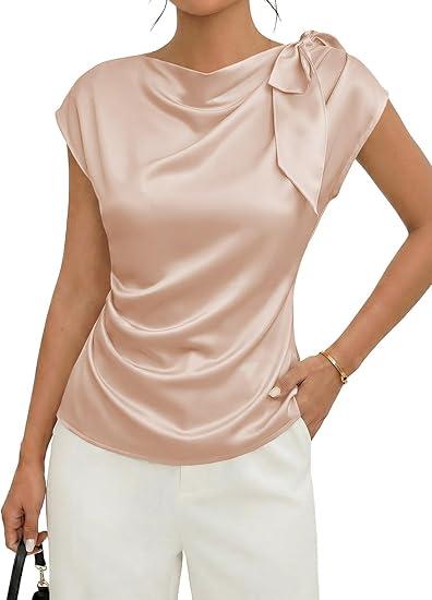 EVALESS Satin Blouses for Women Dressy Casual Trendy Business Work Silk Tops Outfits Cowl Neck Bow Tie Pleated Summer Shirts, XL 