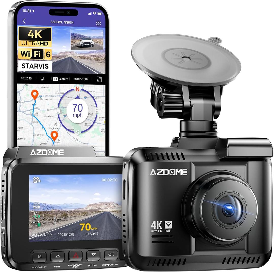 AZDOME GS63H 4K Dash Cam Built-in WiFi 6 GPS Car Dashboard Camera Recorder with STARVIS Night Vision, UHD 2160P, 150 Wide Angle, WDR, G-Sensor, Loop Recording, 24H Parking Mode