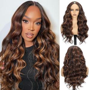 Aisaide Brown Highlight V Part Wig Body Wave For Black Women 24Inch Glueless Full Head Clip In Half Wig V Shape No Leave Out Wear and Go Highlighted Body Brown Wig for Women