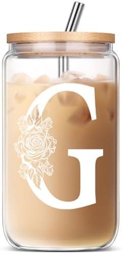 JOSTTER Gifts for Women, Personalized Monogrammed Gifts for Sister Mom Friend Wife, Birthday & Ideas 2024 - Cute Iced Coffee Glass Cups with Lids & Straws 2pcs