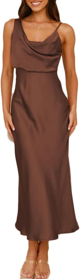 Summer Satin Cowl Neck Midi Dress for Women 2025 Elegant Formal Silk Spaghetti Strap Backless Wedding Guest Dresses (Medium, Brown)
