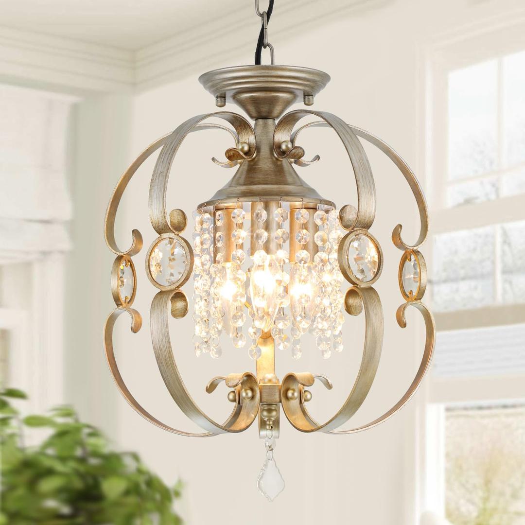 Antique Silver K9 Crystal Chandelier for Dining Room, 3-Light 14 Inch Rustic Flush Mount Ceiling Light Fixture,Vintage Bronze Hanging Pendant Lighting for Kitchen Island,Living Rooms, Foyer