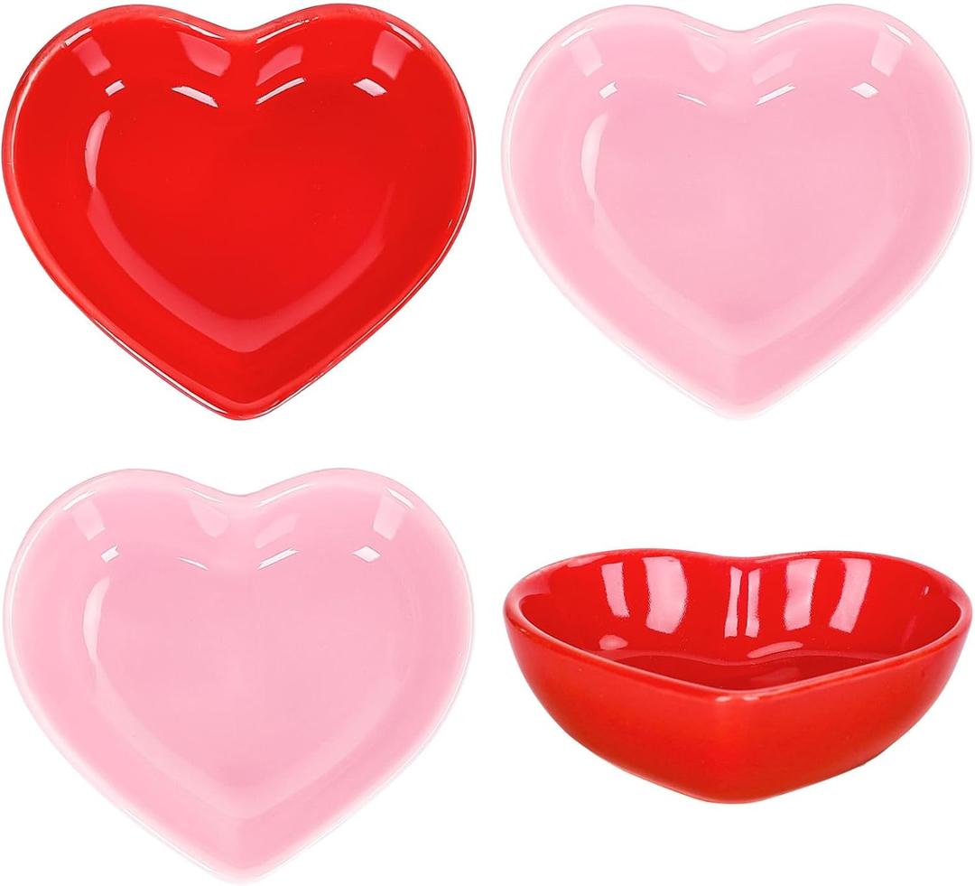Whaline 4Pcs Heart Shape Sauce Dishes Ceramic Side Dish Bowl Red Pink Jewelry Ring Dish Tray for Home Kitchen Valentine's Day Christmas Wedding Anniversary Birthday Party Decor