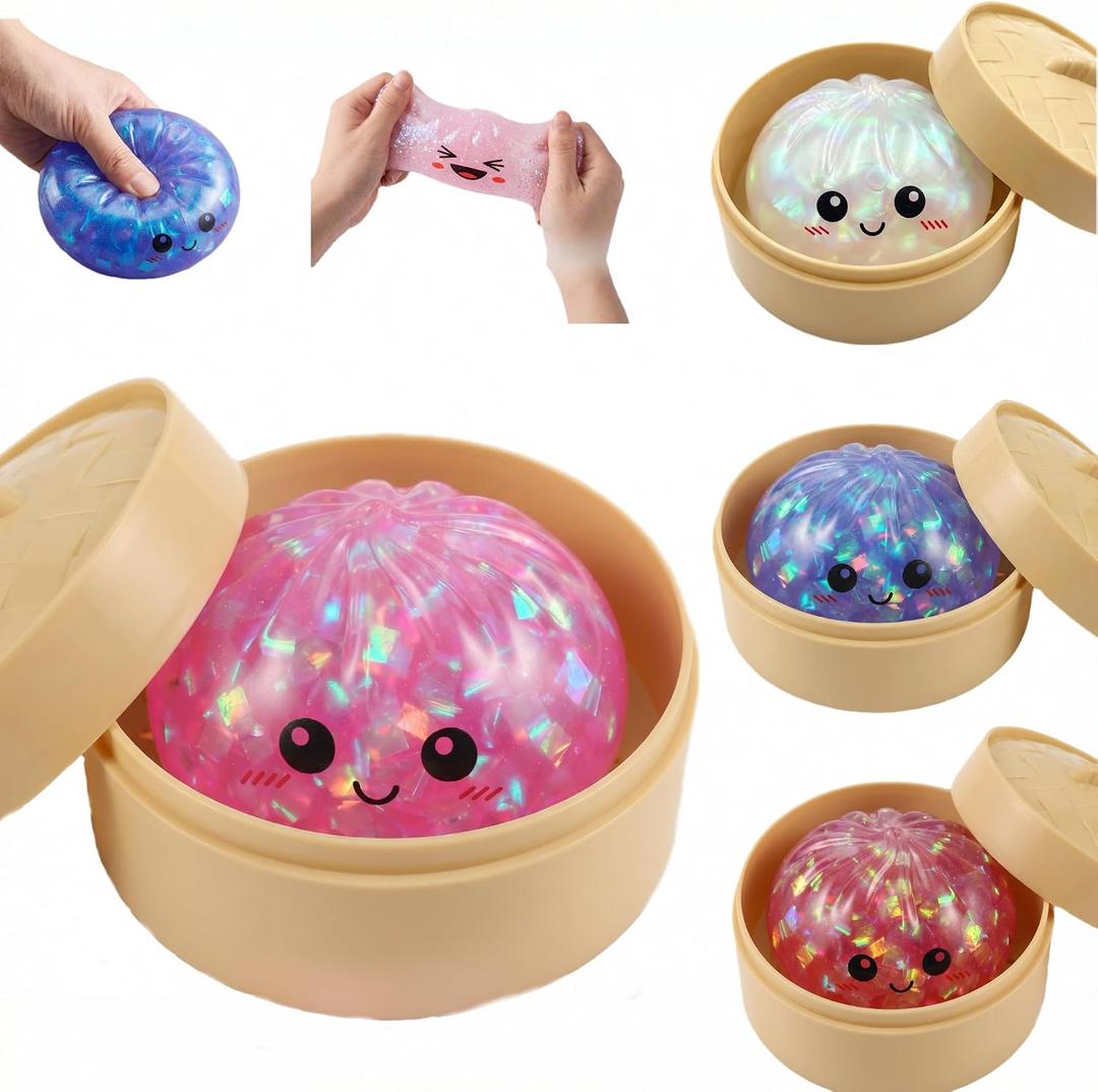 Glitter Dumpling Squishy Toy Dumpling Stress Ball with Steamer Case, Stress Relief Fidget Toy for Adults, Cute Squeeze Desk Toy Portable Toy Gift Idea (Pink)