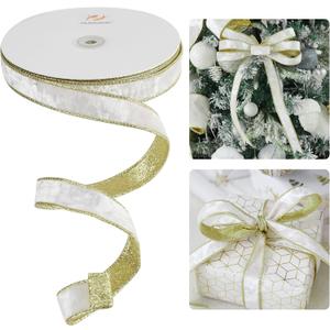 HUIHUANG White Velvet Wired Ribbon 1 inch x Continuous 20 Yards Velvet Ribbon with Gold Glitter Backing, for Christmas Tree Decorations, Gift Wrapping, Wreaths, Garlands, Bows Crafts- (Ivory)