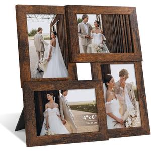 4x6 Collage Picture Frame with Real Glass, 4 Opening Wooden Photo Collage Frame with Stand, Family Multi Picture Frame for Wall or Tabletop Display, 4 Photo Gallery Frame for Home Decor, Rustic Brown