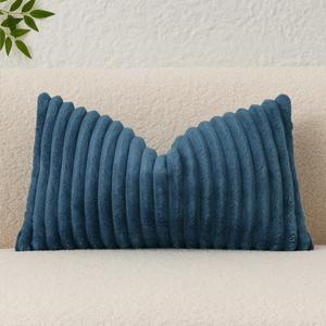 Kevin Textile Soft Plush 14x24 Inch Lumbar Pillow Cover 1 Pack, Luxury Fluffy Faux Fur Striped Flannel Rectangle Cushion Case for Couch Sofa Chair Bed Home Decor, Blue