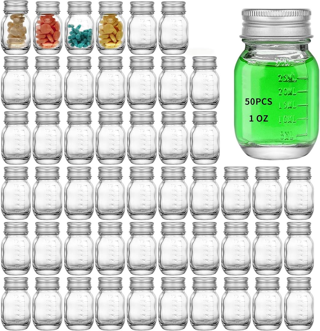 25Pcs Glass medicine bottles 1oz 30 ml Glass Reagent Bottles Transparent Sample Jar,Wide Mouth,Screw Cap with Scale for Home, Argent Lid (25)