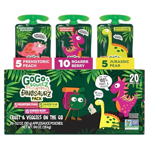 GoGo squeeZ No Sugar Added Fruit & veggieZ Applesauce and Puree Variety Pack, Jurassic Pear, Roarrrr Berry & Prehistoric Peach, 3.2 oz Pouches (Pack of 20), Fruit Snacks for Kids, Gluten Free, Nut Free, Recloseable Cap, BPA Free BBD: 02/01/27