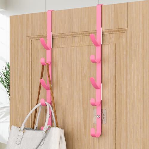Over The Door Hooks, Metal Door Hooks for Hanging, Over The Door Purse Organizer for Door Coat Hanger, Back of Shower for Hanging Towel Rack Clothes, Hat, Bathroom, Closet (Pink-2Packs)