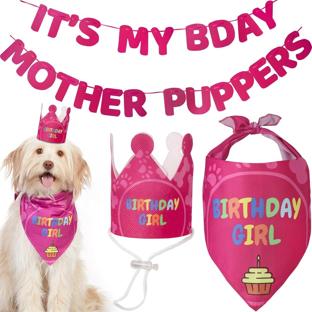 3 x Dog Birthday Party Supplies - Bday Decoration Set - Birthday Girl Bandana for Medium, Large Dogs, Party Hat, Crown and Cute Banner with It's My Birthday Mother Puppers Sign