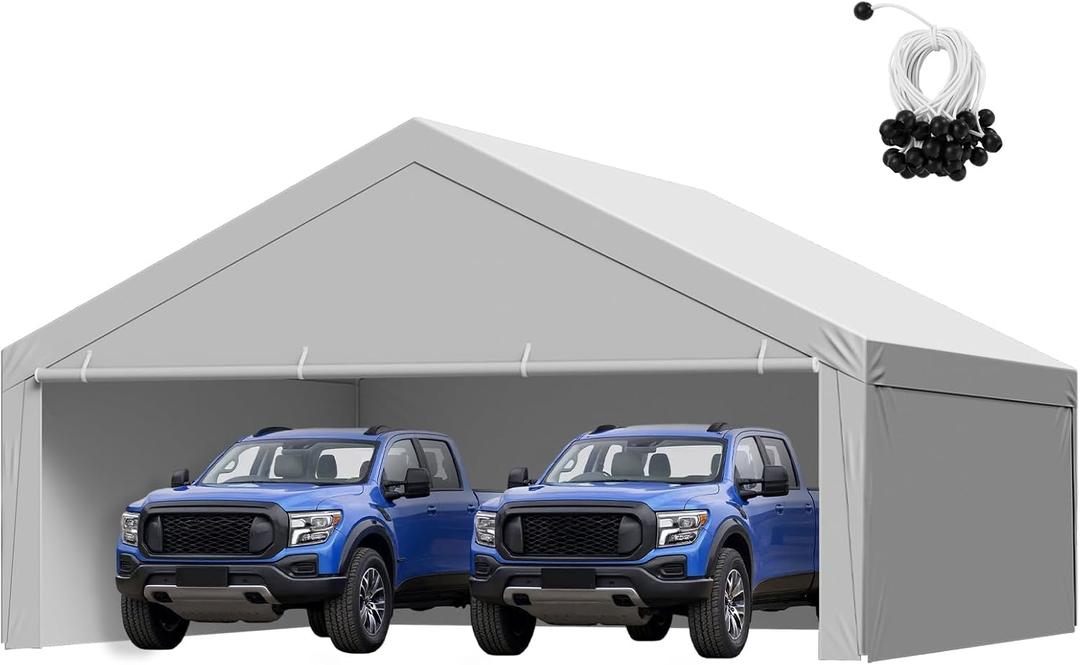 VEVOR Carport Replacement Canopy Cover, 20 x 20 ft Potable Garage Tent Top Tarp with Sidewalls, UV-Resistant & Waterproof, Heavy Duty Car Shelter Tarp with Ball Buggies, Grey, Frame Not Included