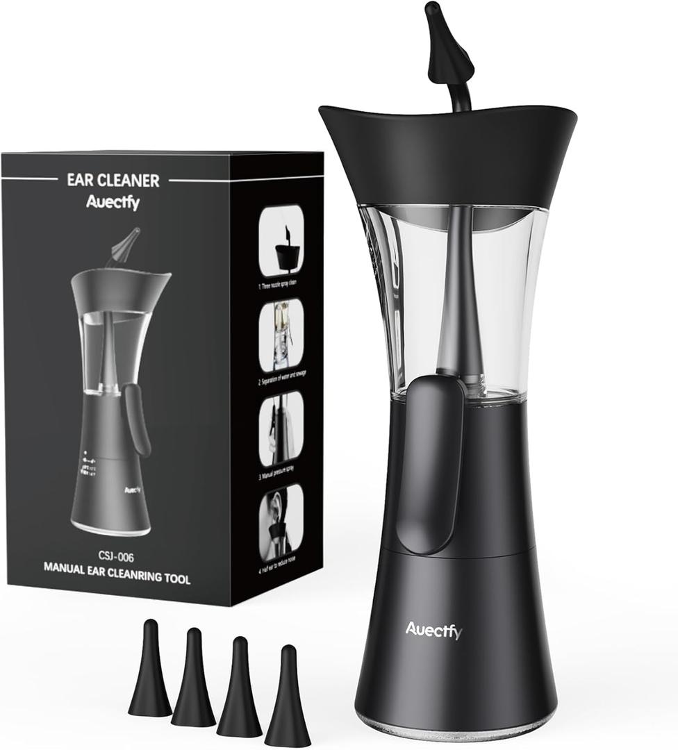 Manual Ear Wax Removal Kit - One-Hand Control Ear Cleaner Tool, Easy to Use Ear Irrigation Flushing System with Soft Silicone Tip for Effective & Safe to Clean Ear Built Up Wax Home Use(Black)