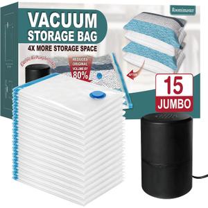 Vacuum Storage Bags with Electric Pump, 15 Jumbo Space Saver Bags Vacuum Seal Bags with Pump, Space Bags, Vacuum Sealer Bags for Clothes, Comforters, Blankets, Bedding