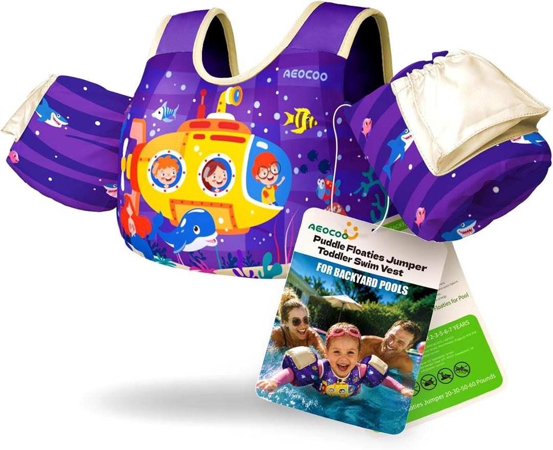 AEOCOO Toddler Swim Vest fo Kids, Puddle Pool Jumper for 1-2-3-4 Boys & Girls & Niños, Toddler Swim Aid Water Wings with Arm Floaties, Fun Patterns Float for Swimming Pool, Submarine ( S (1-3 year, 20-30Lbs)