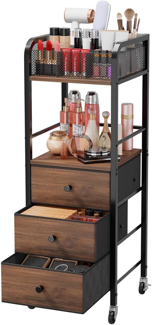 HapiRm Rolling Makeup Cart Organizer - Floor Skincare Make Up Storage with 3 Non-woven Fabric Drawers, Vanity Organizer Cosmetic Display Cases Holder for Skin Care Perfume Nail Polish Brush Hair Tool (Black)