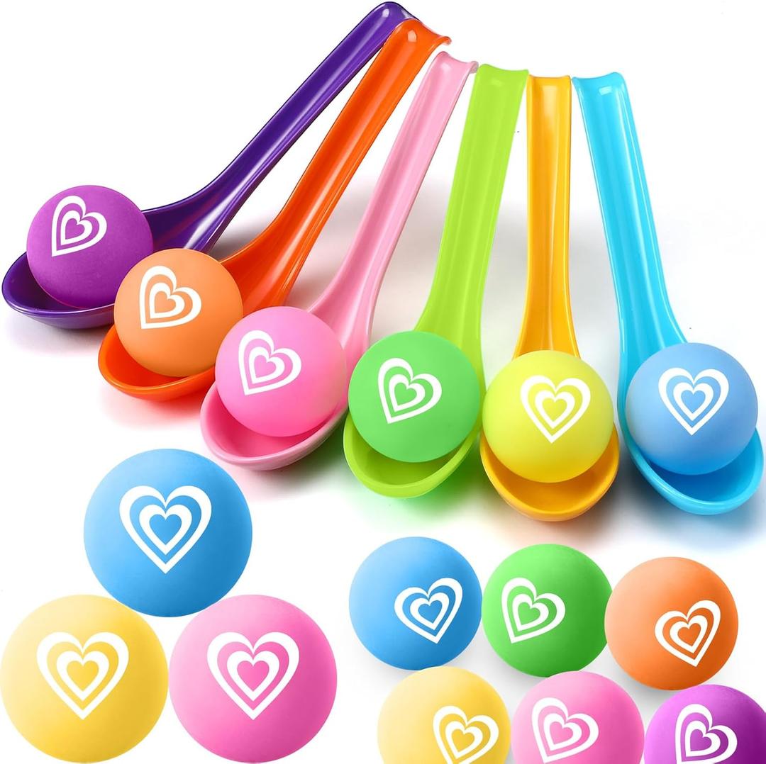 24 Pack Valentine's Day Spoon Relay Race Toy Set , Heart Ball and Spoon Race Game for Indoor Outdoor Office Party Supplies Favors(Colorful,Heart)