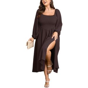 SCOMCHIC Women's Plus Size Fall Dresses Long Sleeve Square Neck Smocked Flowy A-Line Formal Wedding Guest Maxi Dress (Brown, XXXL)