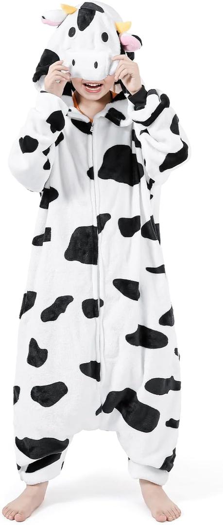GALLETY Cow Costume - Unisex Child Animals Onepiece with Zipper -Plush Dairy Cow Onesie Costume Suitable for Party (9-10 Years)