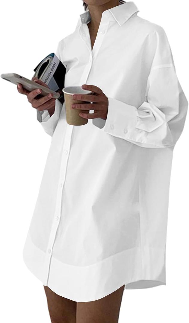 LYANER Women's Casual Shirt Dress Collar V Neck Button Down Loose Long Sleeve Mini Dresses (Medium, White)