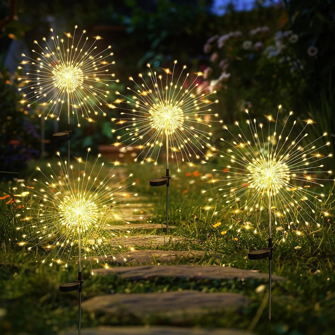 GIGALUMI Garden Decor Outdoor Lights 120LED 4Pack, Solar Garden Lights Outside Fairy Firework Decorative,Solar Powered for Yard Pathway Flowerbed Planter Balcony Patio 4th of July Decor (Warm White
