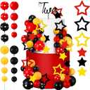 57 Pcs Black Red Yellow Ball Star Cake Topper Set Cartoon Cake Decorations with Flag DIY Insert Topper for One Two Years Happy Birthday Decorations Baby Shower Party Supplies(Happy Birthday)
