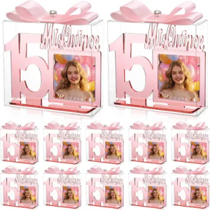 Geelin 12 Set Mis Quince 15 Party Favors for Guests 16th Acrylic Photo Frame Kit Rose Gold Sweet Sixteen Happy Birthday Party Decorations for Guests Girls Gifts Birthday Supplies