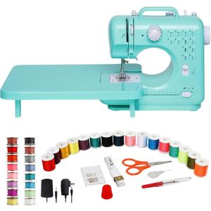 Sewing Machine for Beginners with Extension Table, Mini Electric Portable Sewing Machine with 12 Stitches LED Light and Accessories Kit for Home DIY Sew Project Cyan
