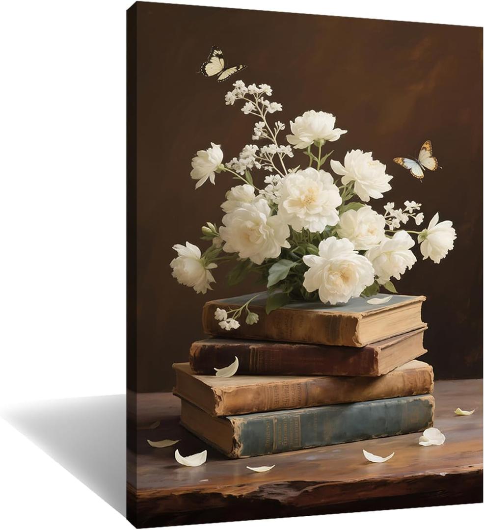 Moody Floral Canvas Wall Art Vintage Still Life Flowers on Old Books Print Framed Romantic Butterfly Painting Cottagecore Decor Library Bookish Gift Picture for Bedroom Living Room 24x18 Inch