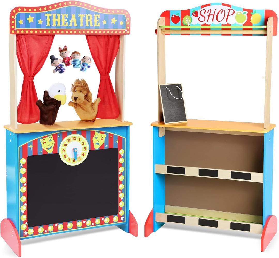 Deluxe Wooden Puppet Theater with Curtains, Blackboard and Clock, Double-Sided Play Store 3-8Y & Kid Puppet Show Theater with 2 Hand Puppets and 4 Finger Puppets for Toddlers 3+