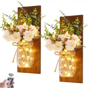 Rustic Wall Sconces Mason Jar Sconces Handmade Wall Art Hanging Design with Remote Control LED Fairy Lights and White Peony,Christmas Decor Gift Farmhouse Wall Home Decor Living Room Lights Set of Two (Peony+Brown Board)