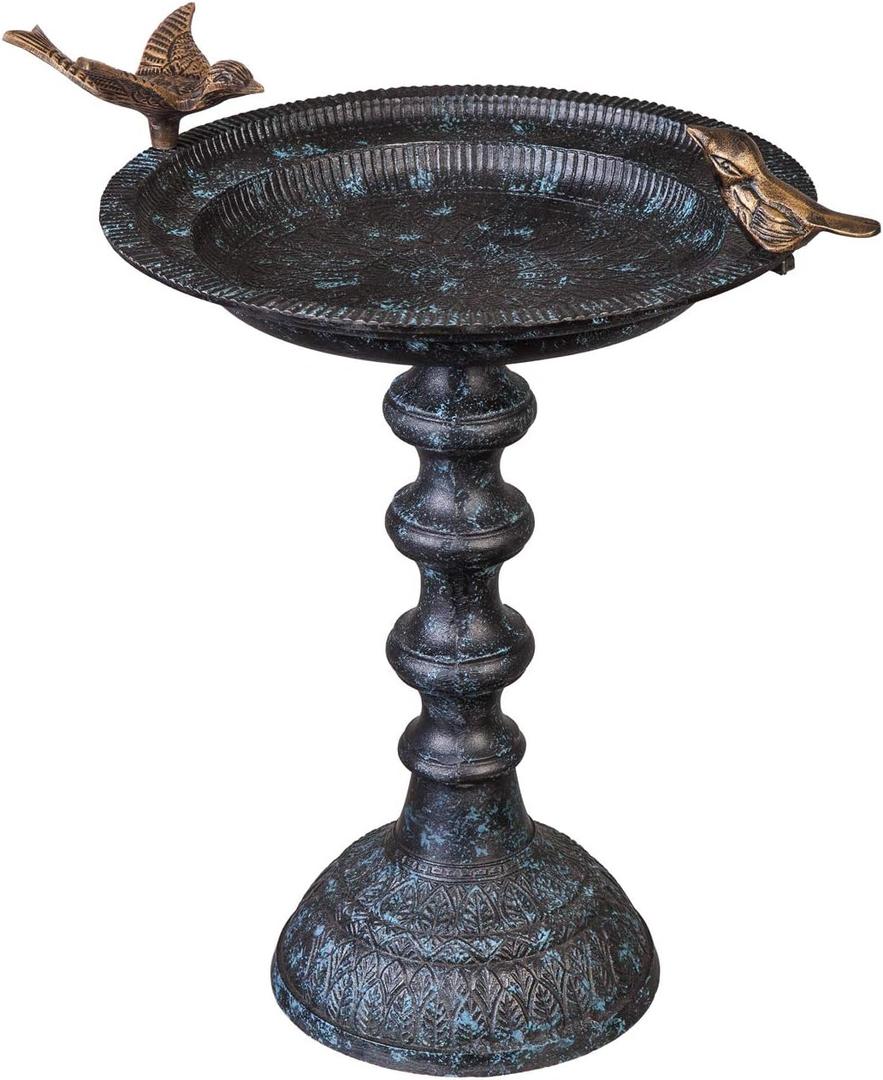 Evergreen Hummingbird Metal Bird Bath Bowl with Stand - Heavy Duty, Ground Standing Bird Bath and Feeder for Garden, Yard, Deck (20"H Brass Bird)