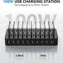 USB C Charging Station for Multiple Devices, 10-Port 100W Charging Dock, with Adjustable Dividers, USB-C Power Hub, Compatible with iPhone/Samsung/Google/Tablets/USB Devices (with 10 Cables)