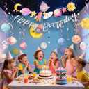 Pre-strung Space Party Decorations for Girls, Pink Space Themed Party, Pastel Outer Space Party Decorations, with 2 Banners, Solar System Planet Swirl Streamers, Hanging Dazzling Star Garlands for Kids, Girls