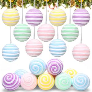 Syhood 12 Pcs Pastel Candy Christmas Ornaments 2.36'' Fluff Peppermint Christmas Ornaments Decoration Candy Ball for Tree Decoration Bowl Basket Vase Fillers