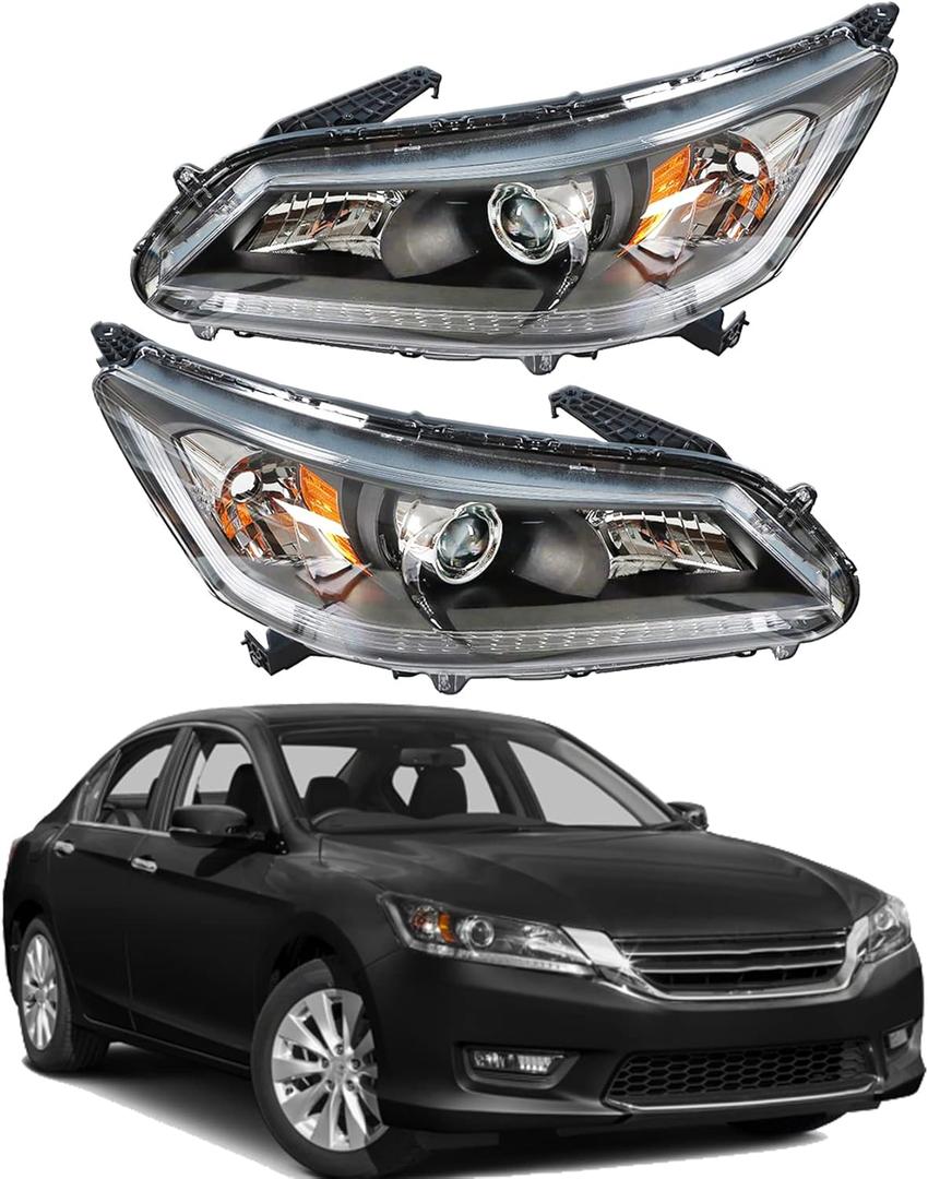 HO2502151 HO2503151 Driver and Passenger Side Black Housing Projector Headlamps Assembly Replacement for Accord 2013-2015 4-Door Sedan Halogen Headlights