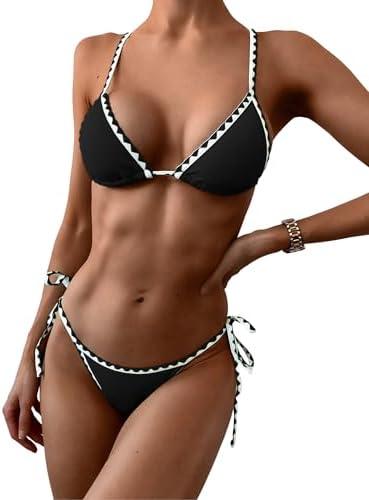 ZAFUL Women's Triangle Bikini Tie Side Whip Stitch String Bikini Two Piece Swimsuit Bathing Suits, L