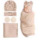 BQUBO Baby Swaddle Blankets for Girls, 4PCS Newborn Accessories Set with Hat and Bow Headband with Hello World Wooden Birth Announcement Card, Baby Blankets for Girls