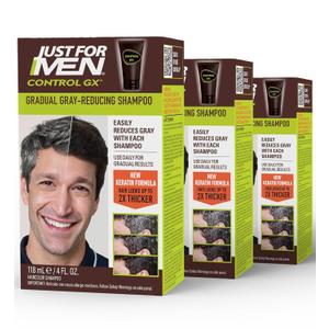Just For Men Control GX Grey Reducing Shampoo, Gradual Hair Color with Keratin for Stronger Thicker and Healthier Looking Hair, 4 Fl Oz - Pack of 3 (Packaging May Vary)