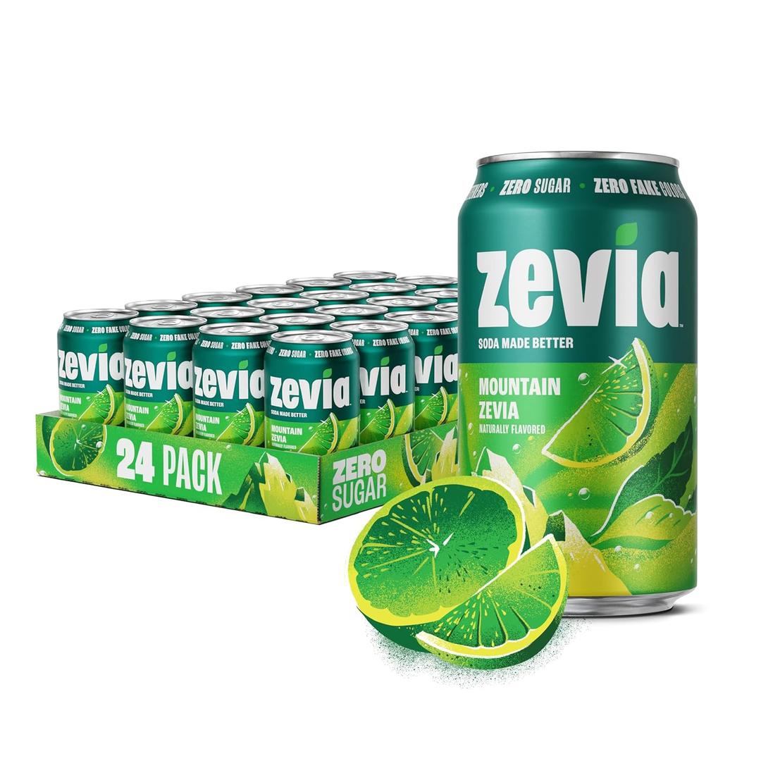 Zevia Zero Sugar Soda, Mountain Zevia, 12 oz Cans (24-Pack) Naturally Sweetened, Non-GMO Project Verified, Gluten-Free, Vegan (EXP 10/21/27)
