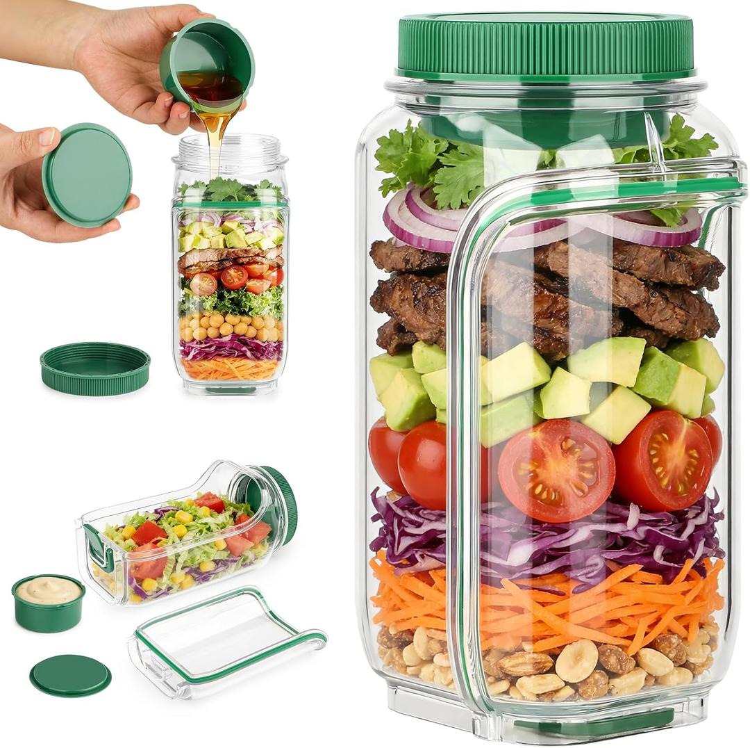 Suteng Salad Jar Pod Side Open, Reusable Side Opening Salad Jar with Leakproof Dressing Cup for Picnic, Travel (Green)