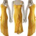 NRTHYE Women Elegant Irregular Ruffles Hem Maxi Dress Mesh Ruched Sleeveless Backless Pleated Long Party Club Dresses (Yellow) Large