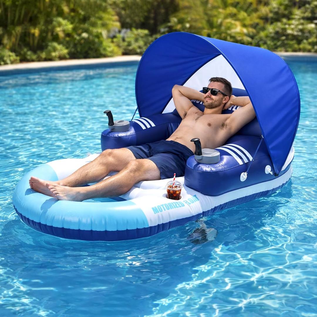 Motorized Pool Float with Canopy, Rechargeable Dual Motor Electric Lounge Raft for Pool & Lake