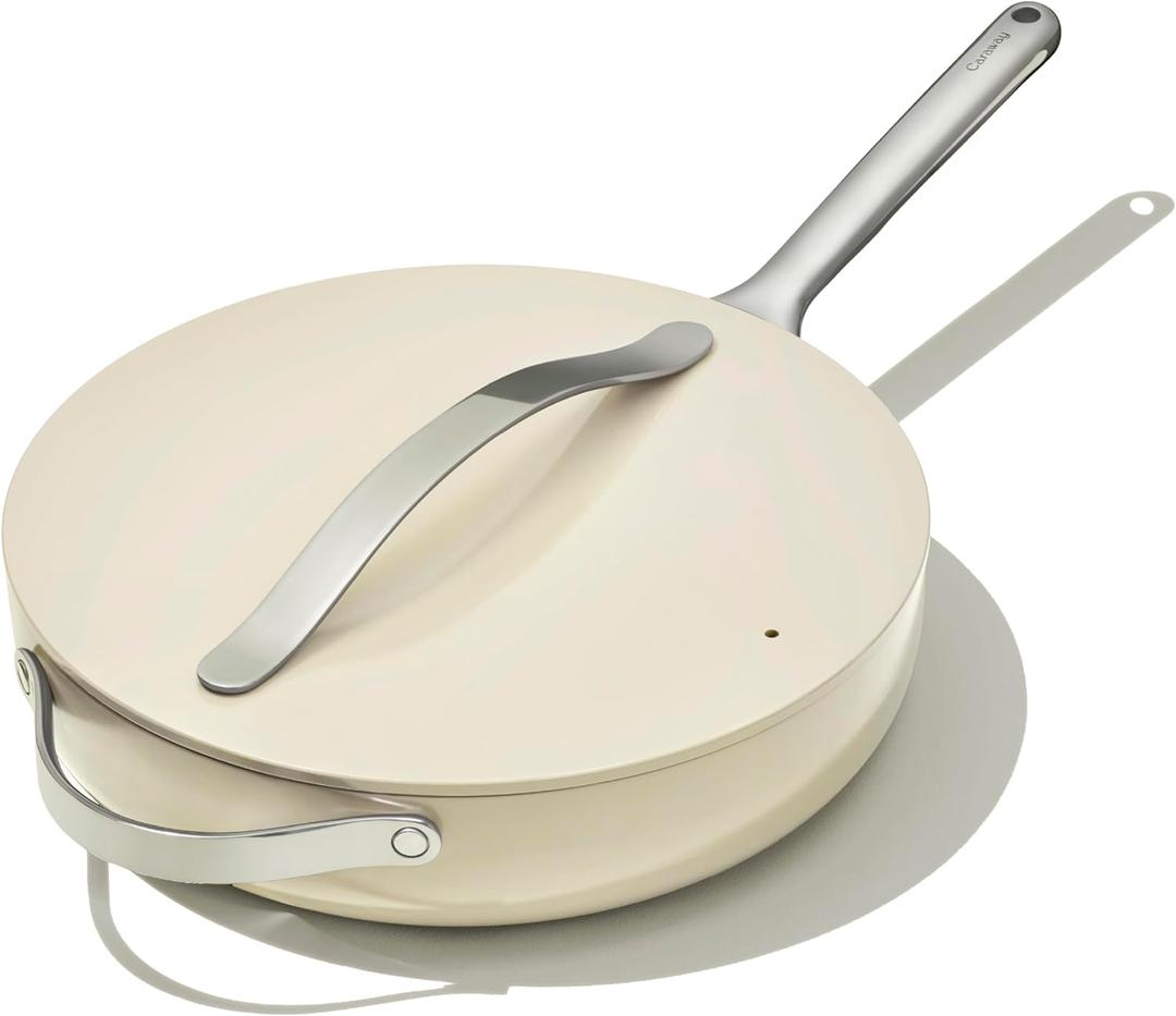 Caraway Nonstick Ceramic Saut Pan with Lid (4.5 qt, 11.8") - Non Toxic, PTFE & PFOA Free - Oven Safe & Compatible with All Stovetops (Gas, Electric & Induction) - Cream